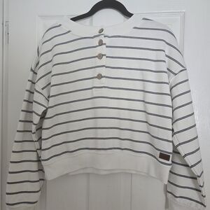 Roxy White and Black Striped Crew Neck Sweater